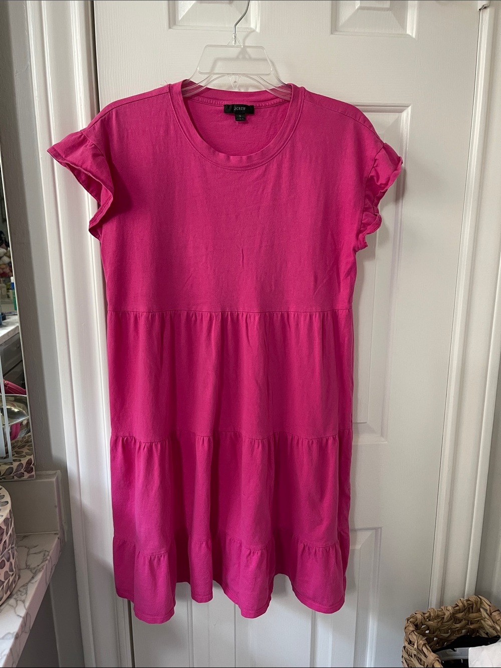 J. Crew Bright Pink Tiered Ruffle-Sleeve Mini Dress